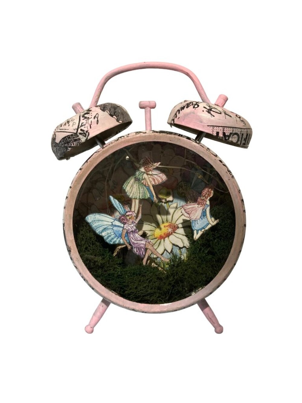 Vintage Pink Fairy-Themed Alarm Clock Shadow Box With Lights & Moss Decor